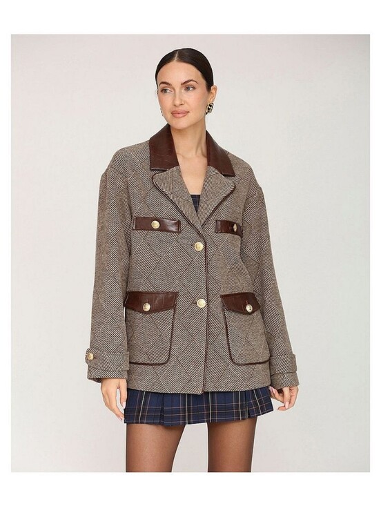 Avec Les Filles Jackets & Blazers - Avec Les Filles Brown Plaid Blazer with Dark Brown Leather Trim L